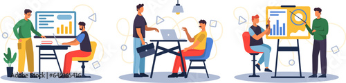 Businessman sitting at table, working, colleague standing near and talking. Business center concept. Workers looking at charts, studying business project. Flat vector illustration
