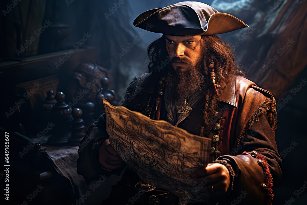 A pirate holding a weathered map scrutinizes the landscape, searching for clues to buried treasure on a deserted island A pirate holding a weathered map scrutinizes the landscape, searching for clues to buried treasure on a deserted island