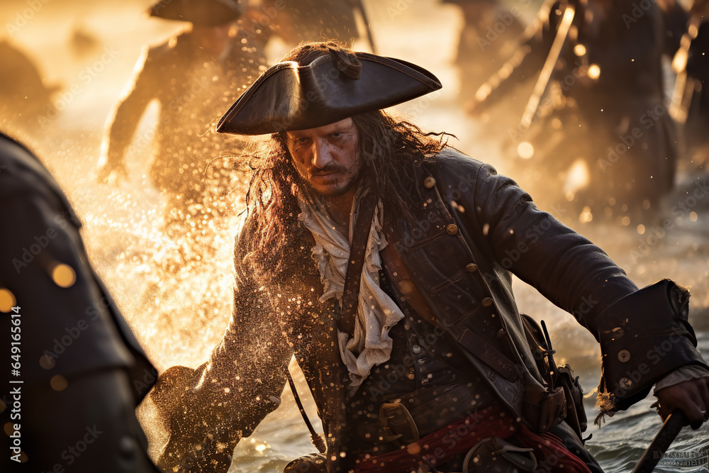 Naklejka premium An intense pirate battle ensues as cannons roar and swords clash, with pirates fighting for control of treasure and territory