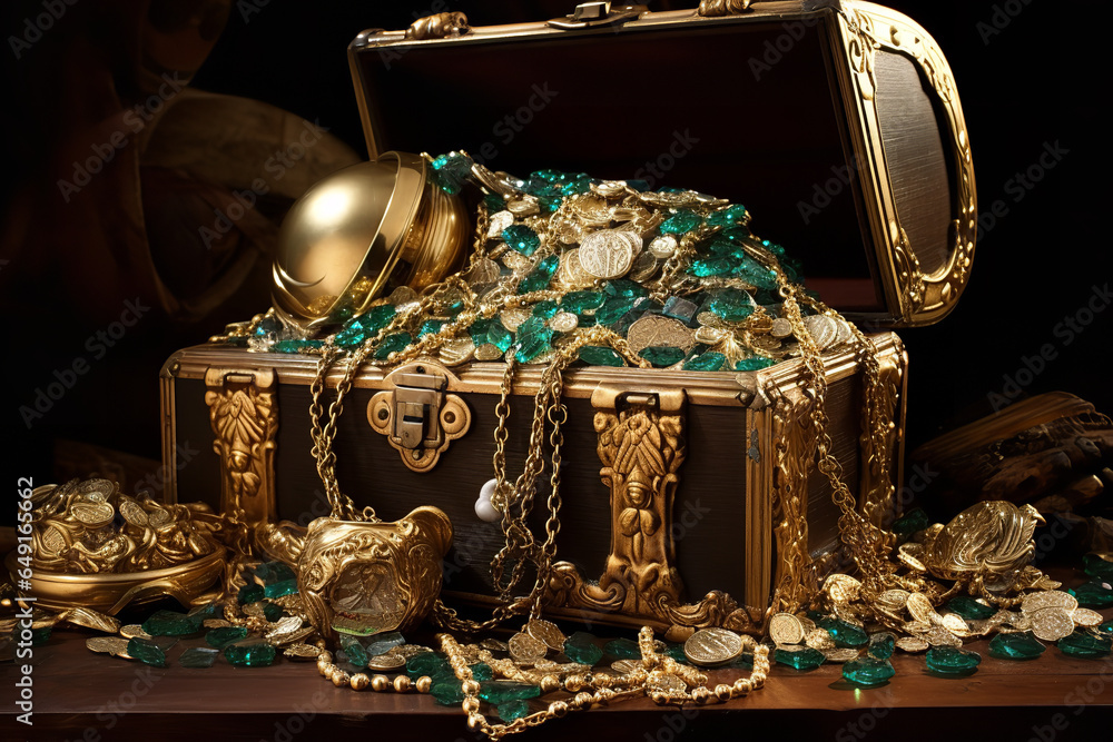 An old wooden treasure chest brimming with gold coins, sparkling gems
