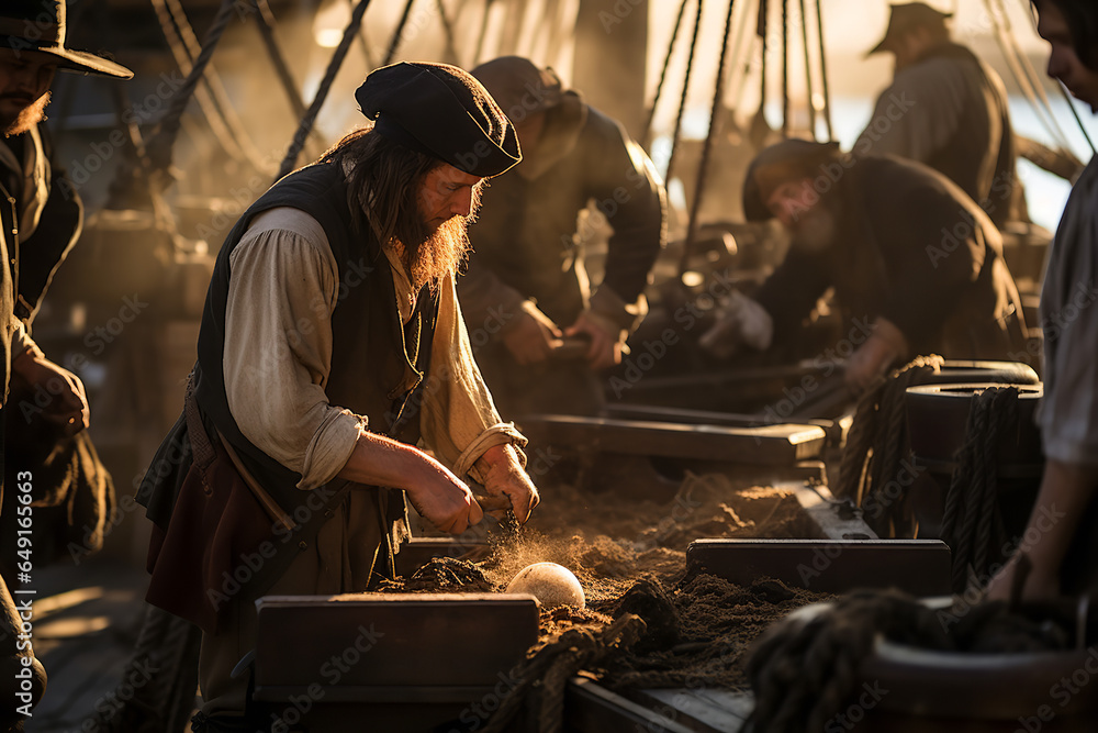 Obraz premium Pirate crew members diligently swab the deck, maintaining the condition of their ship while sailing across the ocean