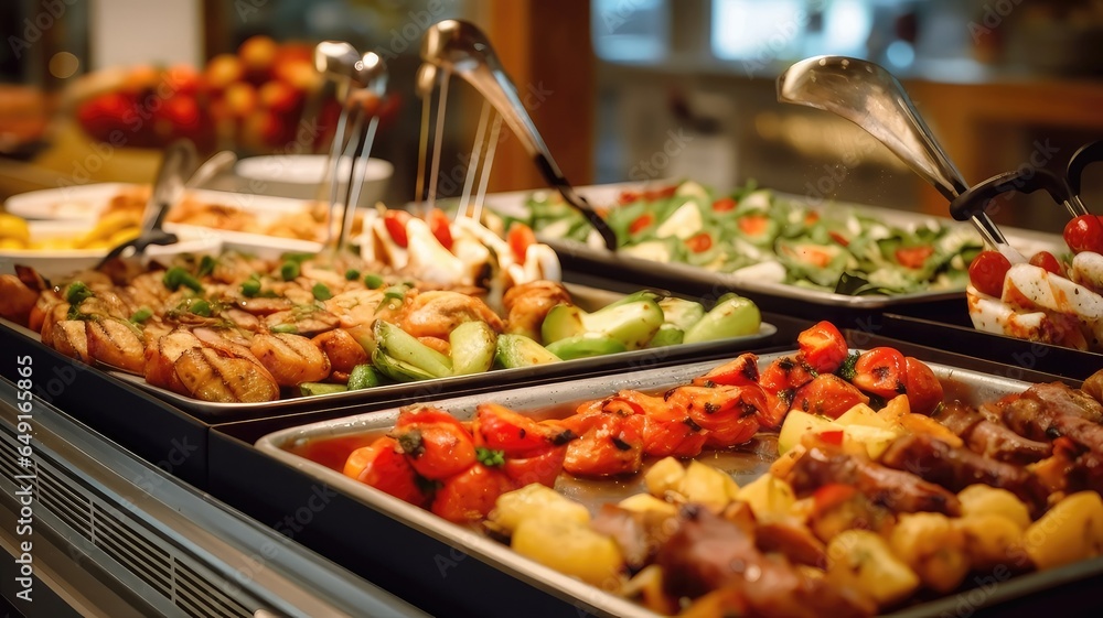 Indoor Restaurant Catering Buffet with Colorful Meats, Fruits, and Vegetables