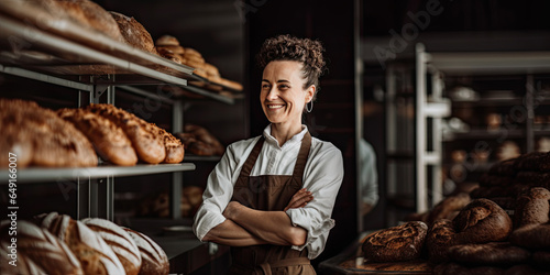bread bakery store female woman baker shop owner smiling concept of food industry occupation job as baker catering service