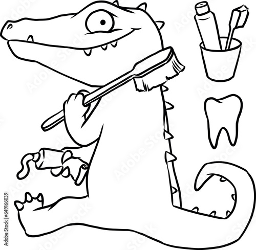 Cartoon: niedliches Krokodil mit Zahnbürste und Zahnpasta zum Zähne putzen für Hygiene, Pflege, Prophylaxe und Schutz gegen Karies