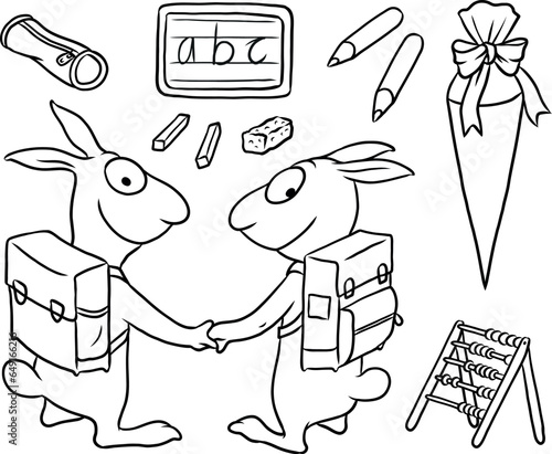 Cartoon Illustration von zwei Hasen als Schulkinder mit Ranzen, Schultüte, Tafel, Abakus und Schreibutensilien zur Einschulung als Erstklässler