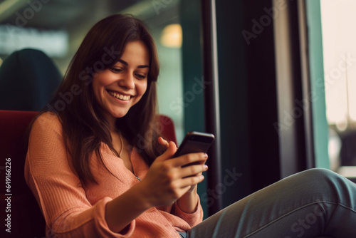Beautiful Smiling Young Businesswoman Using a Mobile Phone while Sitting Casually in a Chair