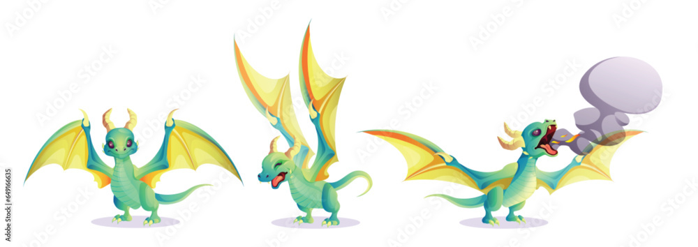 Fantasy dragon for game design. Cute cartoon fairy green reptile animal breathes fire and smoke. Vector illustration set of mythical magic creature with wings, horns and tail in various poses.