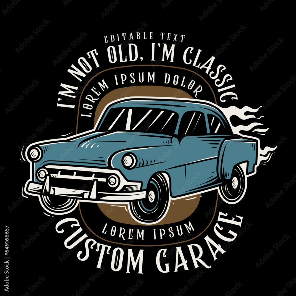 classic car illustration, retro car, old car illustration with editable text effect