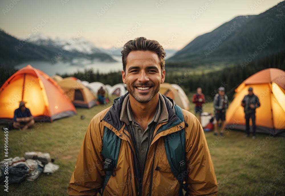 Bussines men camping smiling wearing camping outfit with camping place in the Background