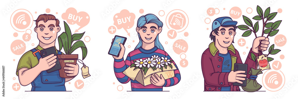 Smiling man in uniform holding plant, buying products online. Young lady holding box with flowers. Male bout apple tree via smartphone. Flat vector illustration in cartoon style