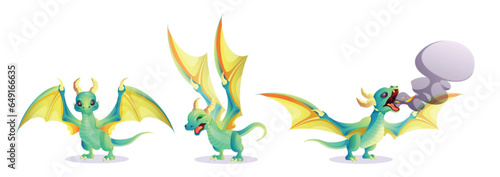 Fantasy dragon for game design. Cute cartoon fairy green reptile animal breathes fire and smoke. Vector illustration set of mythical magic creature with wings, horns and tail in various poses.