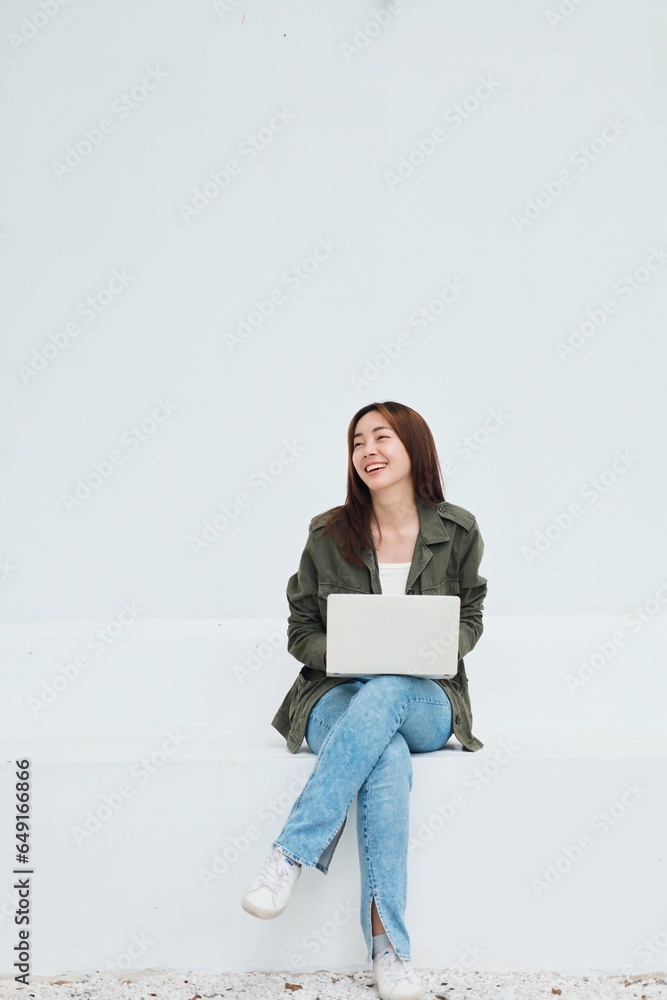 woman with computer over on isolated background woman with computer over on isolated background