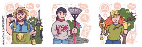 Adult man holding pruner and selecting instruments for garden. Female bought new rake. Woman cuts dry branches from apple tree with secateurs. Flat vector illustration in cartoon style