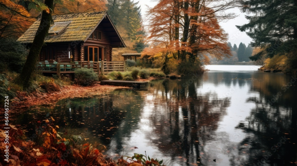 Cozy cabins, cottages near autumn forest and lake. Cozy Autumn Retreats, relaxation and mindfulness fall holidays. Nature Retreats. Picturesque cabins, cottages in autumn forest in autumn landscapes.