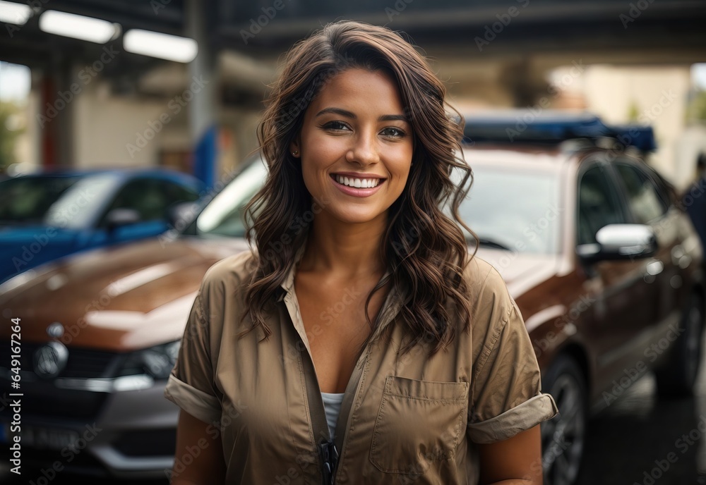 Bussines brunette women car washer smiling wearing washer outfit with car washed in the Background, crossed hand confident Bussines brunette women car washer smiling wearing washer outfit with car washed in the Background, crossed hand confident