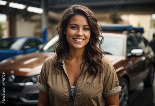 Bussines brunette women car washer smiling wearing washer outfit with car washed in the Background, crossed hand confident