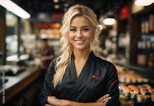 Bussines blonde women sushi master smiling wearing chef outfit with sushi store in the Background, crossed hand confident photo