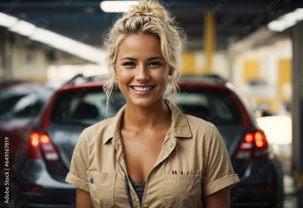 Bussines blonde women car washer smiling wearing washer outfit with car washed in the Background, crossed hand confident Bussines blonde women car washer smiling wearing washer outfit with car washed in the Background, crossed hand confident