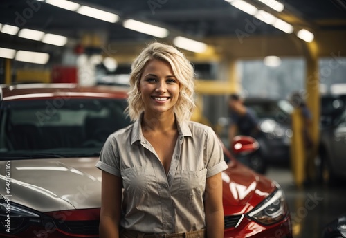 Bussines blonde women car washer smiling wearing washer outfit with car washed in the Background, crossed hand confident