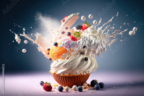Ice cream bowl with fruit pieces, exploding with flavour © DNY3D