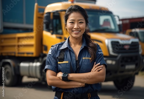 Bussines asian women truck driver smiling wearing truck diver outfit with truck parked in the Background, crossed hand confident photo