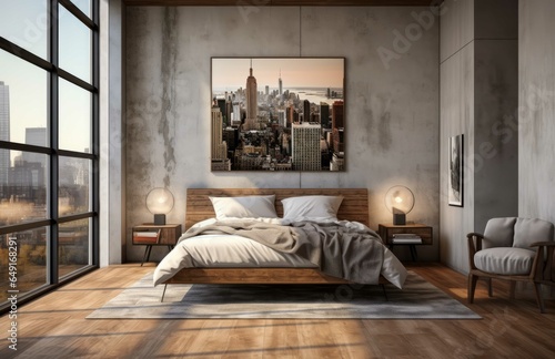 photograph of a beautiful bedroom with wood floors and gray walls  design concept 