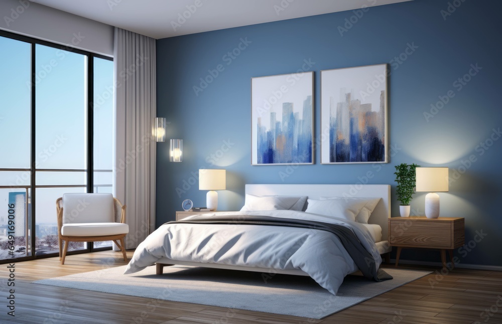Fototapeta premium Photograph of a beautiful bedroom with wood floors and blue walls, design concept