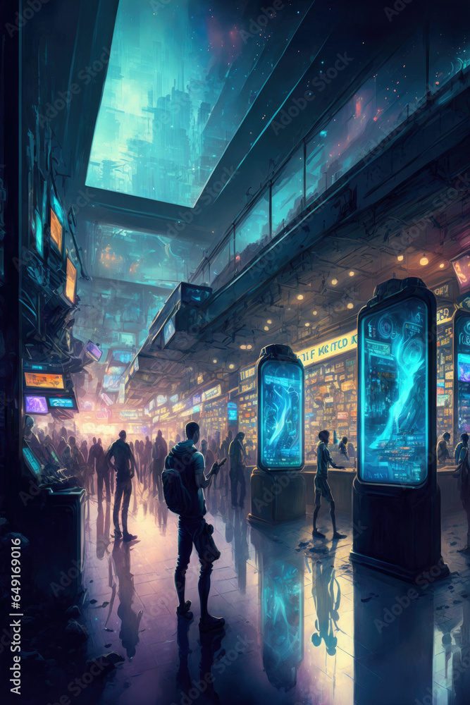 Futuristic vibrant marketplace at night with people