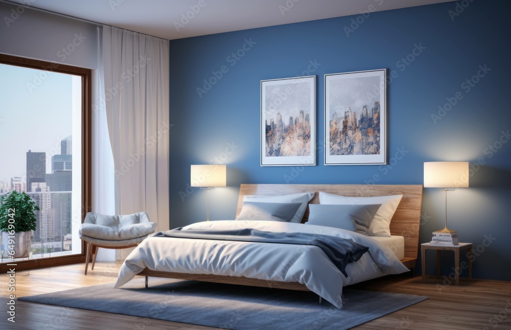 Photograph of a beautiful bedroom with wood floors and blue walls, design concept Photograph of a beautiful bedroom with wood floors and blue walls, design concept