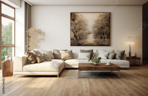 Photograph of a beautiful living room with wood floors and gray walls, design concept