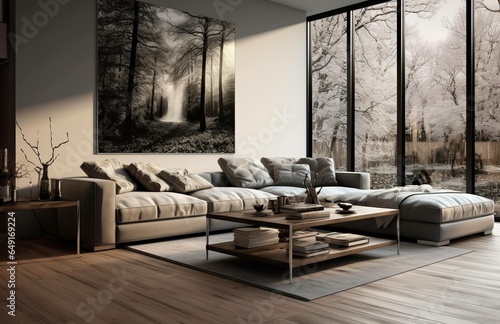 Photograph of a beautiful living room with wood floors and gary walls, design concept