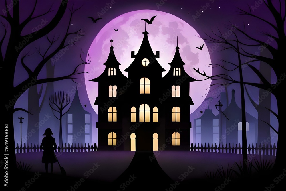 Haunted house silhouette on a dark purple background