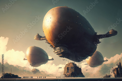 City electric future of mobility. electric travel. flying zeppelin
