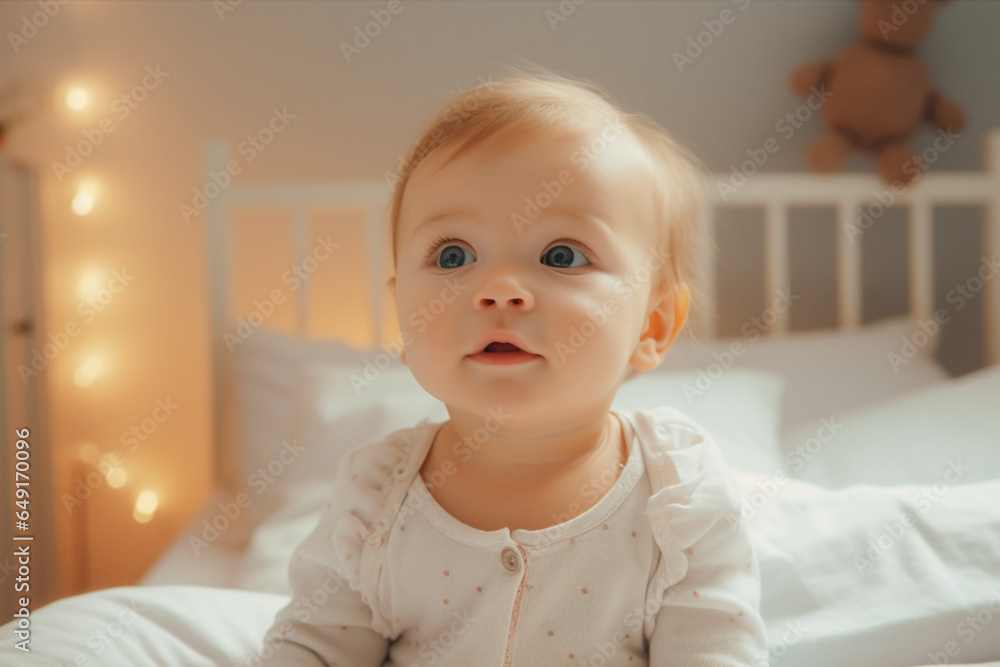 Beautiful Baby Portrait: Adorable Infant Sitting in Bed and Looking at Camera, Happy Child with Light Blond Hair at Home, Concept of Childhood, New Life, Motherhood