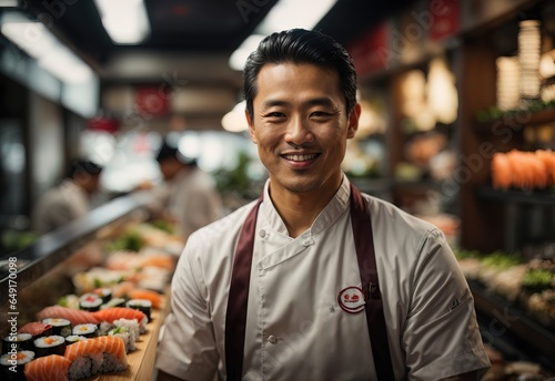 Bussines asian men sushi master smiling wearing chef outfit with sushi store in the Background, crossed hand confident