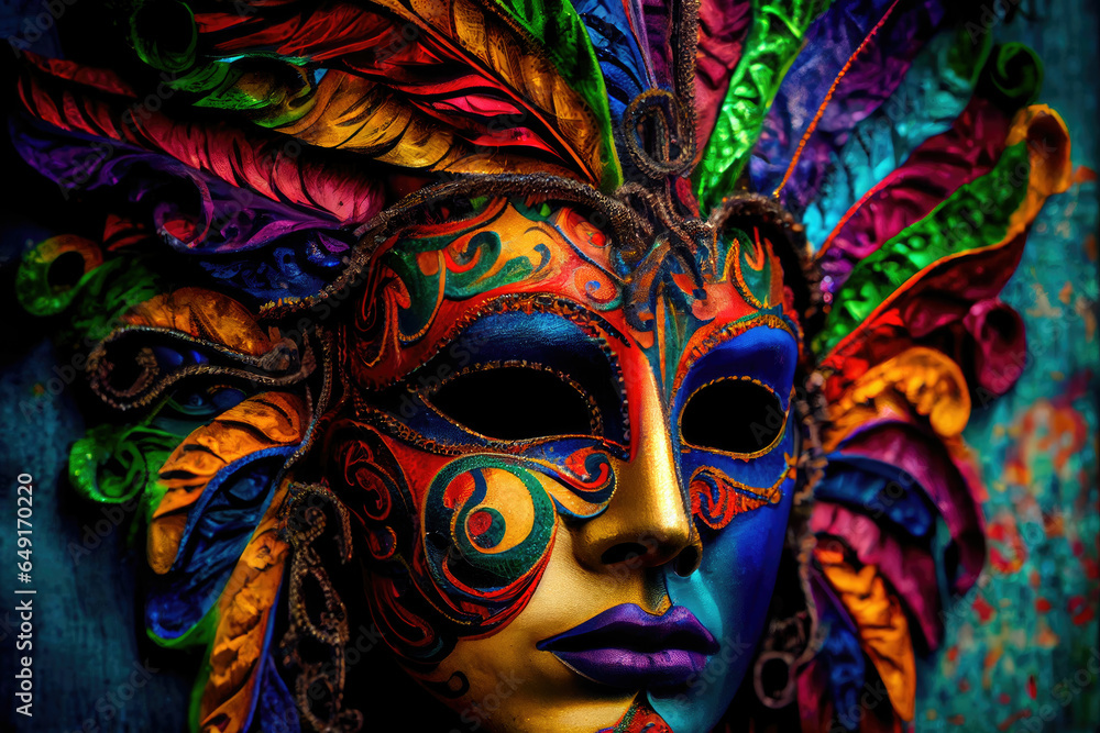 Girl wiht brazil parade mask, carnival background