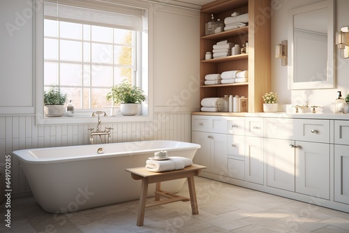 White cozy bathroom interior, farmhouse style