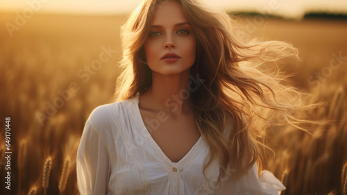 Wanita cantik muda dengan rambut pirang panjang di padang rumput saat matahari terbit photo