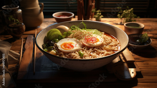 photo of typical Japanese food ramen on a traditional wooden table with wooden chopsticks