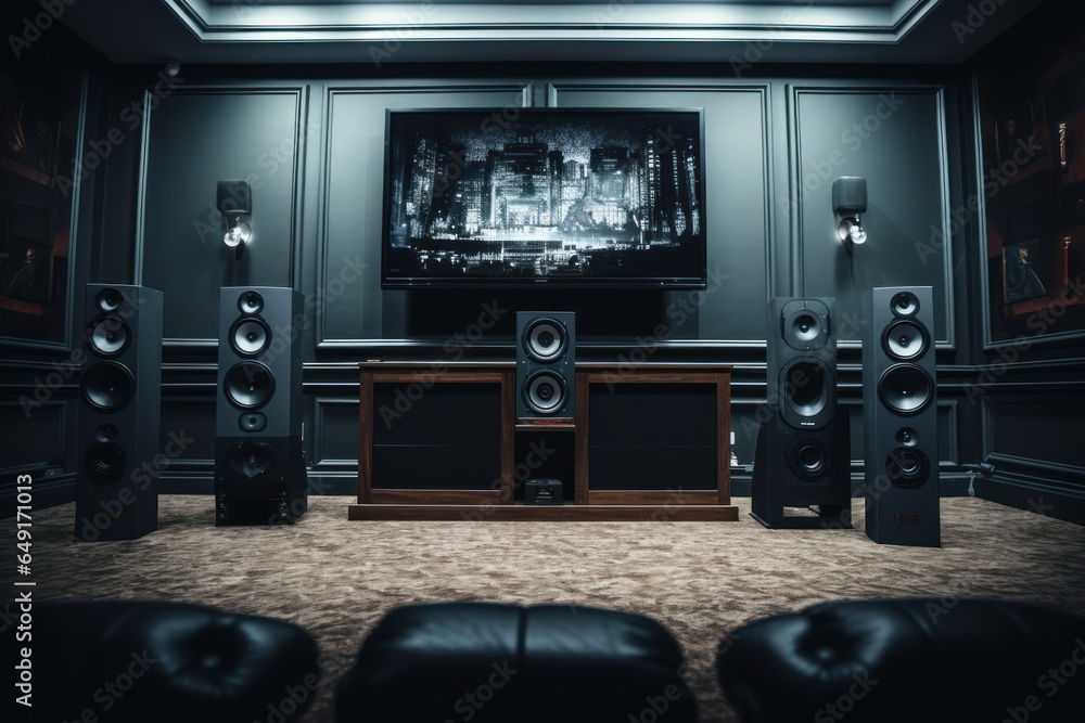 A modern home theater setup featuring a sleek flat screen TV and surround sound speakers. Perfect for enjoying movies, sports, and gaming. Ideal for use in interior design concepts and technology-rela A modern home theater setup featuring a sleek flat screen TV and surround sound speakers. Perfect for enjoying movies, sports, and gaming. Ideal for use in interior design concepts and technology-rela