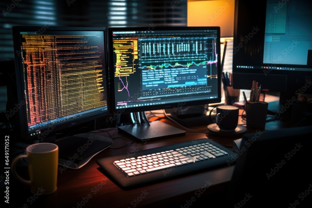 A desk featuring two computer monitors and a keyboard. Ideal for illustrating a modern workspace or technology-related concepts. A desk featuring two computer monitors and a keyboard. Ideal for illustrating a modern workspace or technology-related concepts.
