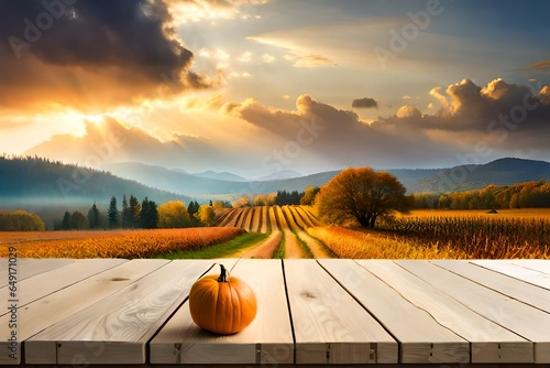 Thanksgiving With foucus on Pumpkins Apples And Corncobs On Wooden Table With blurry sky Sky and trees in  Background photo