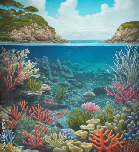 Seascape in the ocean with corals  other plants  above and below water