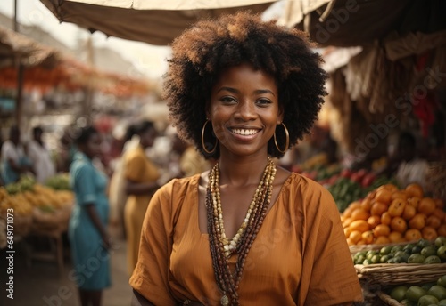 Bussines afro women selling traditional market smiling wearing seller outfit with traditional market in the Background, crossed hand confident photo