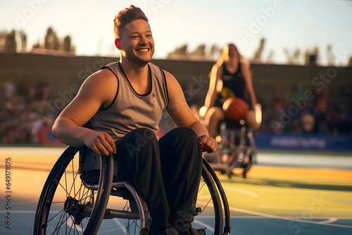 Disabled man on a wheelchair playing basketball