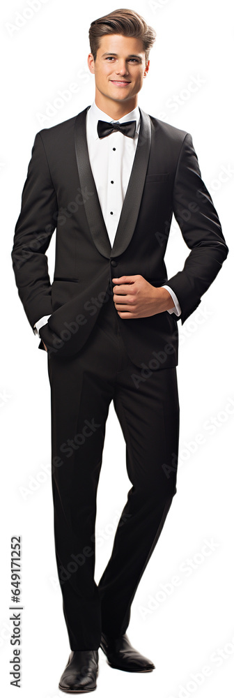 Handsome young white man groom with wedding black suit and bow tie isolated on white background