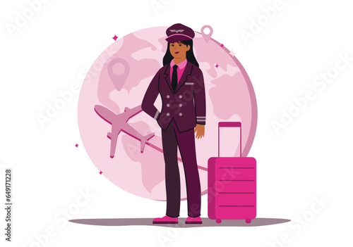 Female pilot concept with people scene in the flat cartoon design. The girl is preparing for the next flight, because she works as a pilot. Vector illustration.