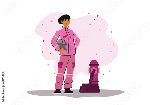 Female firefighter concept with people scene in the flat cartoon style. The girl works saving people's lives from fire and is not afraid of anything. Vector illustration.
