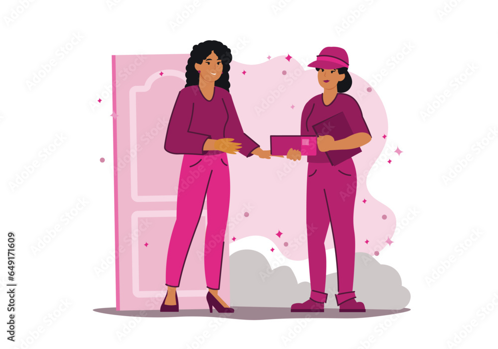 Concept delivery girl with people scene in the flat cartoon style. The girl delivers order to the client's apartment. Vector illustration. Concept delivery girl with people scene in the flat cartoon style. The girl delivers order to the client's apartment. Vector illustration.