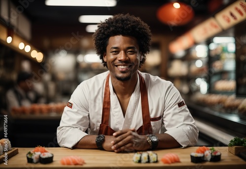 Bussines afro men sushi master smiling wearing chef outfit with sushi store in the Background, crossed hand confident photo
